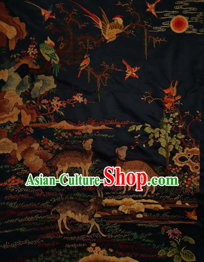 Chinese Traditional Embroidered Three Sheep Cloth Hand Embroidery Black Silk Applique Craft