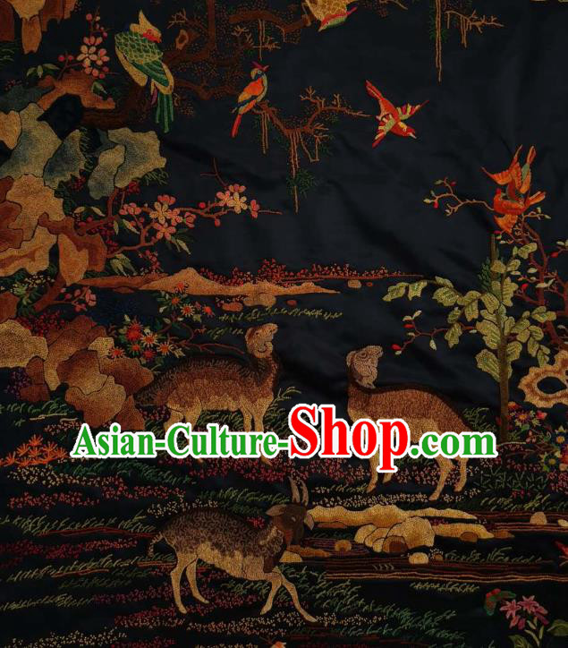 Chinese Traditional Embroidered Three Sheep Cloth Hand Embroidery Black Silk Applique Craft