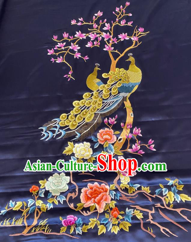Chinese Hand Embroidery Navy Silk Applique Craft Traditional Embroidered Peacock Mangnolia Cloth