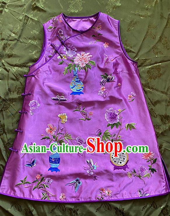 China Traditional Purple Silk Waistcoat National Embroidered Vest Tang Suit Upper Outer Garment