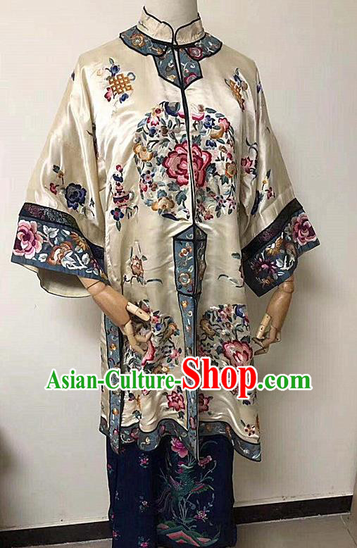 China National Embroidered Clothing Qing Dynasty Embroidery Long Gown Traditional Court Beige Silk Coat