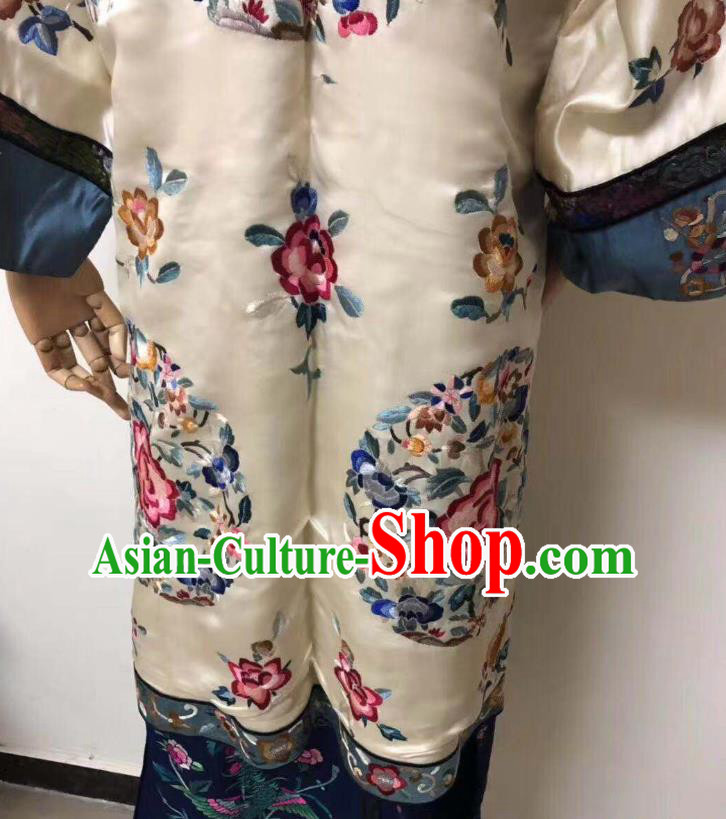 China National Embroidered Clothing Qing Dynasty Embroidery Long Gown Traditional Court Beige Silk Coat