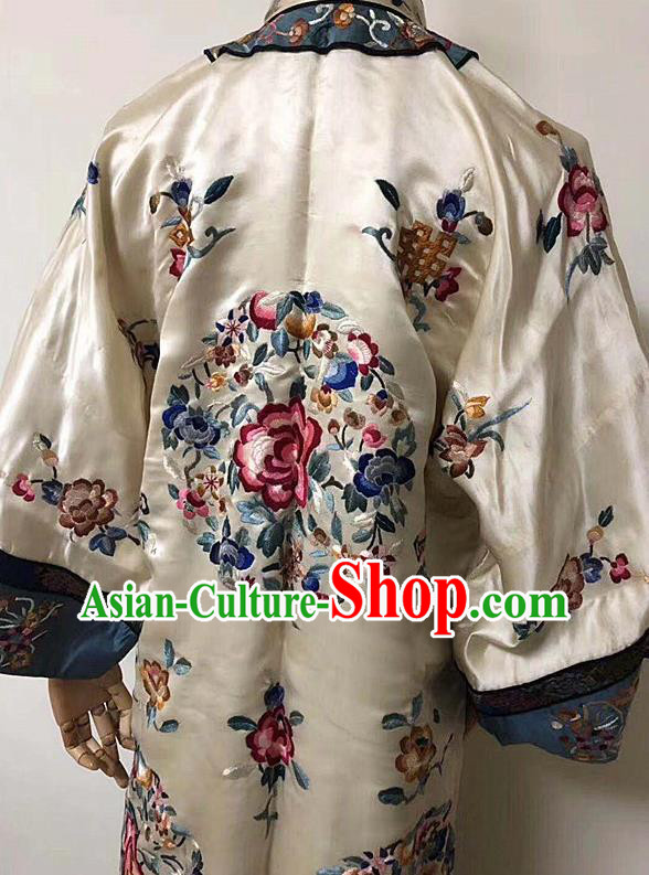 China National Embroidered Clothing Qing Dynasty Embroidery Long Gown Traditional Court Beige Silk Coat