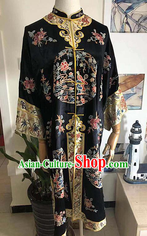China Traditional Court Black Silk Coat National Embroidered Clothing Qing Dynasty Embroidery Long Gown