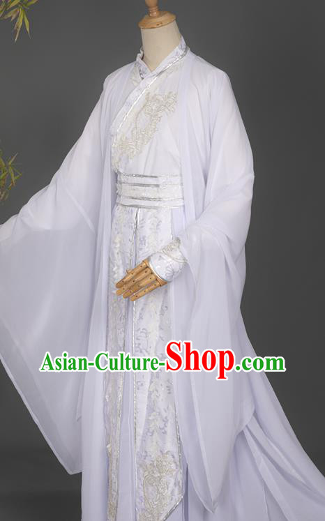 Chinese Ancient Scholar White Hanfu Clothing Traditional Cosplay Young Swordsman Garment Costumes