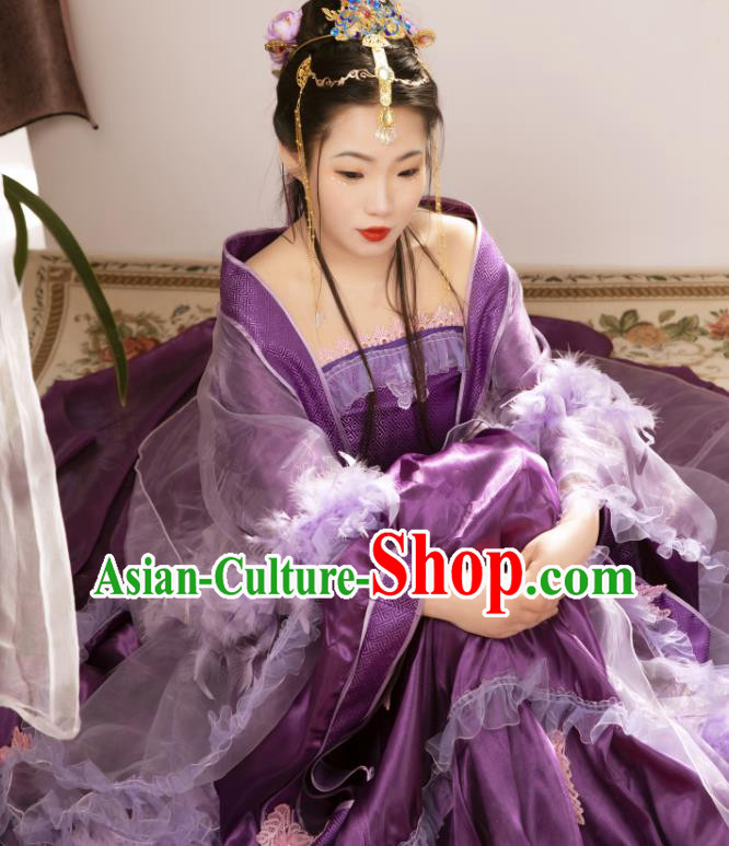 China Traditional Cosplay Tang Dynasty Imperial Consort Clothing Ancient Goddess Purple Hanfu Dress Garments