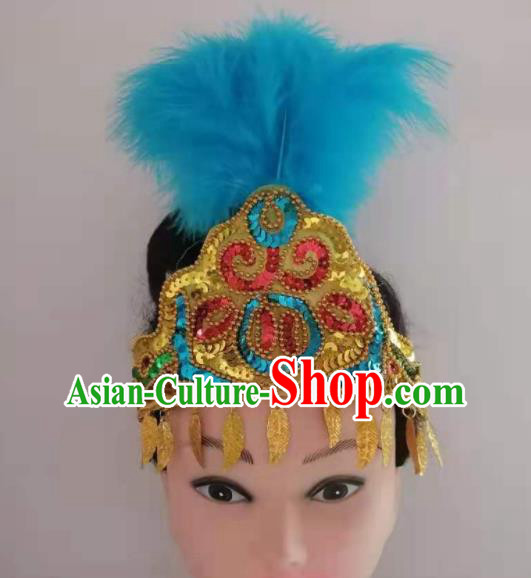 Chinese Folk Dance Hair Clasp Traditional Uyghur Nationality Dance Headpieces Xinjiang Ethnic Blue Feather Hair Crown