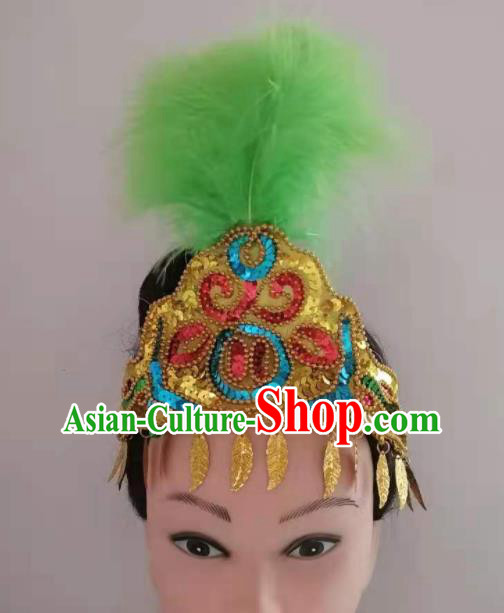 Chinese Xinjiang Ethnic Green Feather Hair Crown Folk Dance Hair Clasp Traditional Uyghur Nationality Dance Headpieces