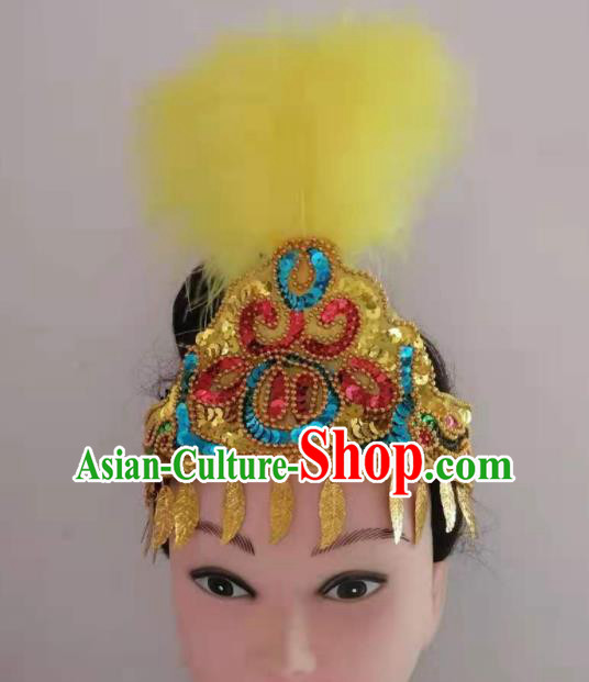 Chinese Folk Dance Hair Accessories Traditional Uyghur Nationality Dance Headwear Xinjiang Ethnic Yellow Feather Hair Crown