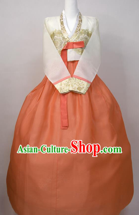 Korean Wedding Bride Fashion Costumes Korea Court Hanbok White Blouse and Orange Dress Traditional Dance Clothing