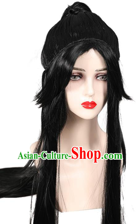Chinese Ancient Swordsman Headdress Qin Dynasty Young Childe Toupee Hairpieces Cosplay Knight Black Wigs