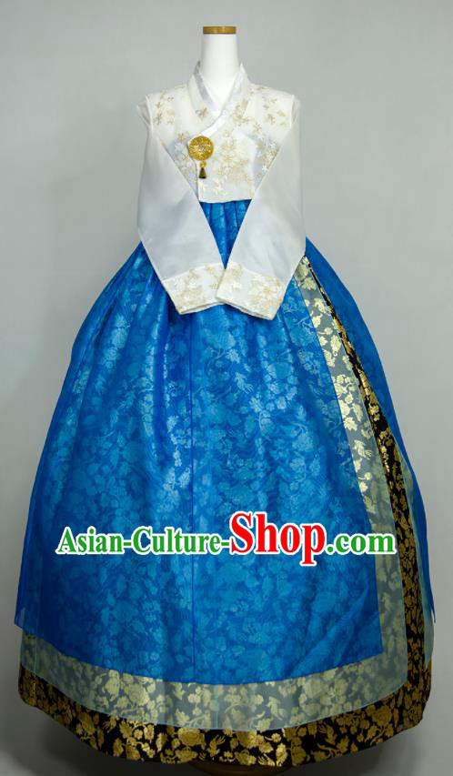 Korean Traditional Court Clothing Classical Wedding Fashion Costumes Bride Hanbok White Blouse and Royalblue Dress