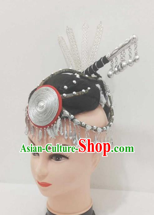 China Miao Nationality Woman Wigs Ethnic Folk Dance Silver Hair Accessories Hmong Minority Performance Headpieces