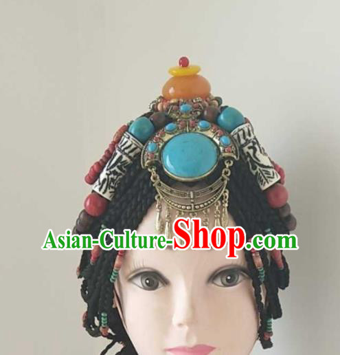 China Tibetan Ethnic Folk Dance Hair Accessories Minority Performance Headwear Zang Nationality Woman Headdress