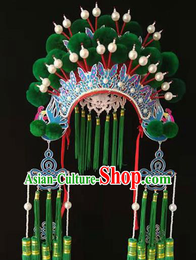 Chinese Peking Opera Wedding Hair Accessories Beijing Opera Hua Tan Hat Traditional Opera Actress Green Pompon Helmet