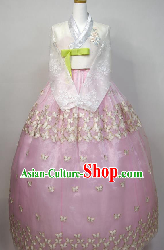 Korean Bride Hanbok White Blouse and Embroidered Butterfly Pink Dress Traditional Court Princess Clothing Korea Classical Wedding Fashion Costumes
