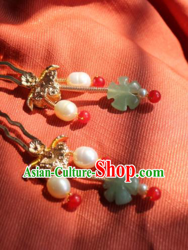 China Ming Dynasty Princess Pearls Hairpin Traditional Hanfu Hair Accessories Ancient Palace Lady Jade Plum Hair Stick