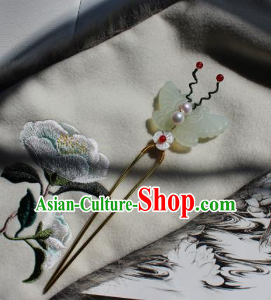 China Ming Dynasty Palace Lady Hairpin Traditional Hanfu Hair Accessories Ancient Princess Jade Butterfly Hair Stick