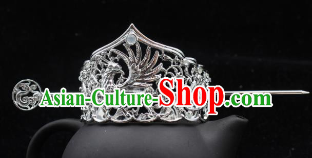 Chinese Ancient Noble Childe Headpieces Traditional Tang Dynasty Swordsman Argent Hair Crown and Hairpin