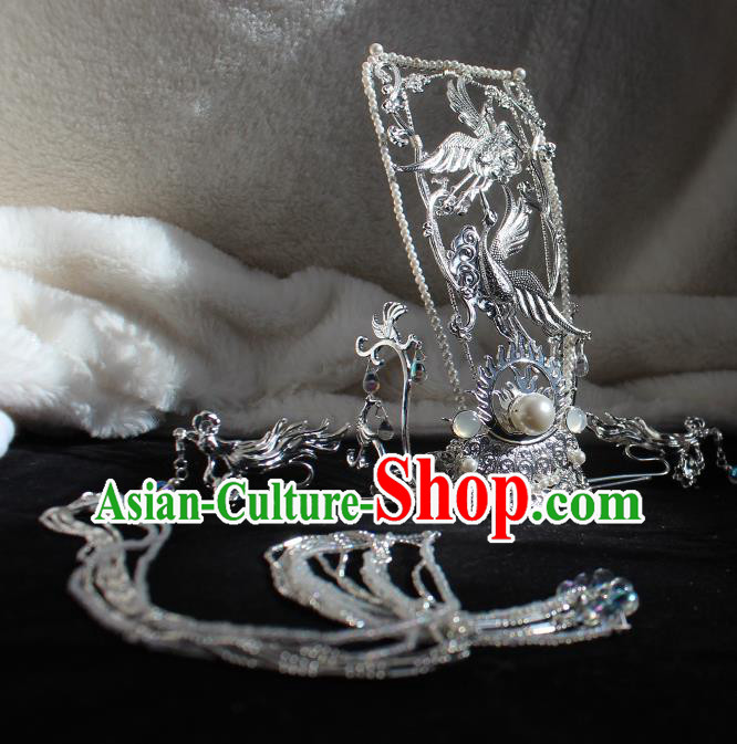 Chinese Ancient Emperor Headpieces Traditional Jin Dynasty Royal Prince Argent Crane Hair Crown and Long Hairpins