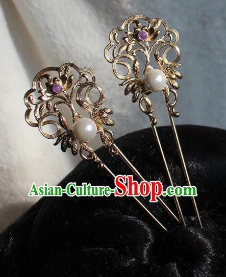 China Tang Dynasty Queen Pearl Hairpin Traditional Hanfu Hair Accessories Ancient Imperial Consort Golden Lotus Hair Stick