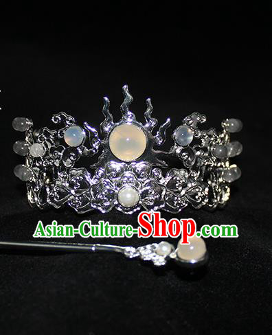 Chinese Ancient Swordsman Headpieces Traditional Jin Dynasty Prince Argent Flame Hair Crown and Chalcedony Hairpin