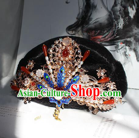 China Ming Dynasty Empress Blueing Phoenix Hairpin Traditional Hanfu Wedding Hair Accessories Ancient Queen Pearls Hair Crown