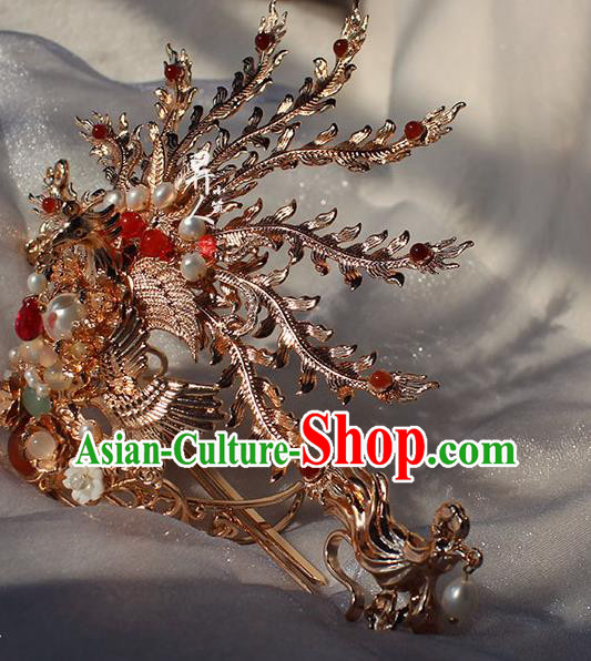 China Ming Dynasty Empress Phoenix Coronet Traditional Hanfu Wedding Hair Accessories Ancient Bride Golden Hair Crown