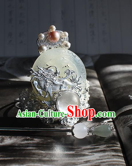 Chinese Ancient Royal Prince Headpieces Traditional Ming Dynasty Imperial Guards Jade Hair Crown and Argent Hairpin