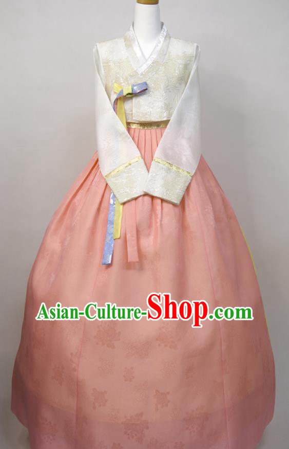 Korea Traditional Wedding Clothing Korean Bride Fashion Costumes Young Lady Classical Hanbok White Blouse and Pink Dress