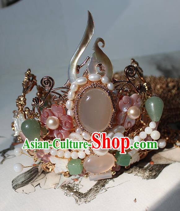 China Song Dynasty Palace Lady Gems Hairpin Traditional Hanfu Hair Accessories Ancient Princess Golden Tassel Hair Crown