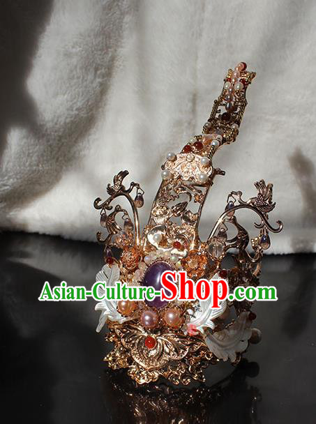 Chinese Traditional Jin Dynasty Prince Golden Hair Crown and Hairpin Ancient Royal King Amethyst Headpieces