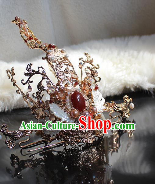 Chinese Ancient King Agate Headpieces Traditional Jin Dynasty Royal Highness Golden Hair Crown and Hairpin