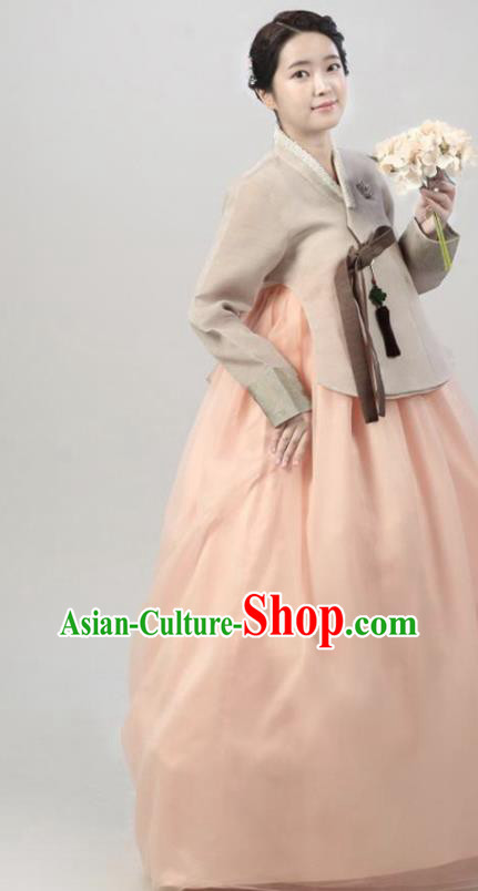 Korean Classical Wedding Garment Costumes Bride Fashion Khaki Blouse and Orange Dress Traditional Dance Hanbok Clothing