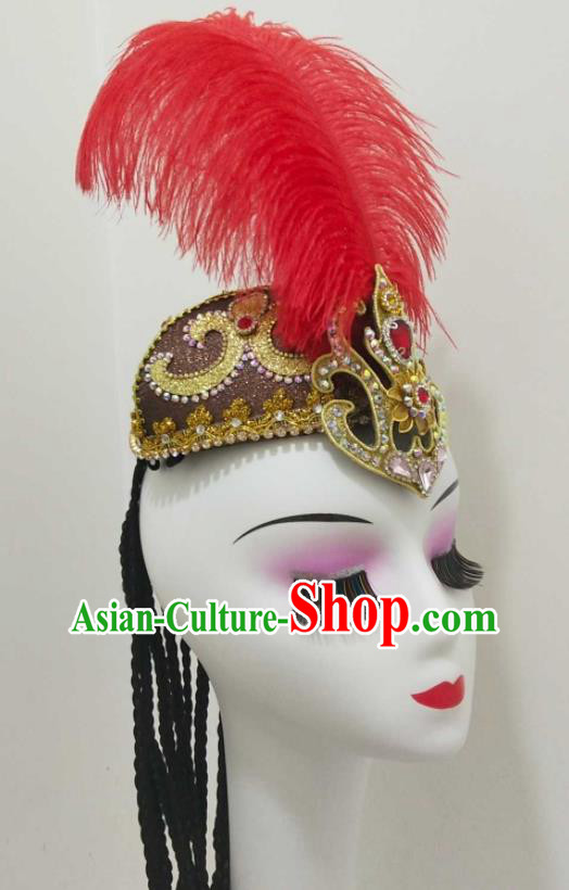 China Uyghur Nationality Red Feather Hat Xinjiang Ethnic Folk Dance Hair Accessories Uyghur Minority Performance Headwear