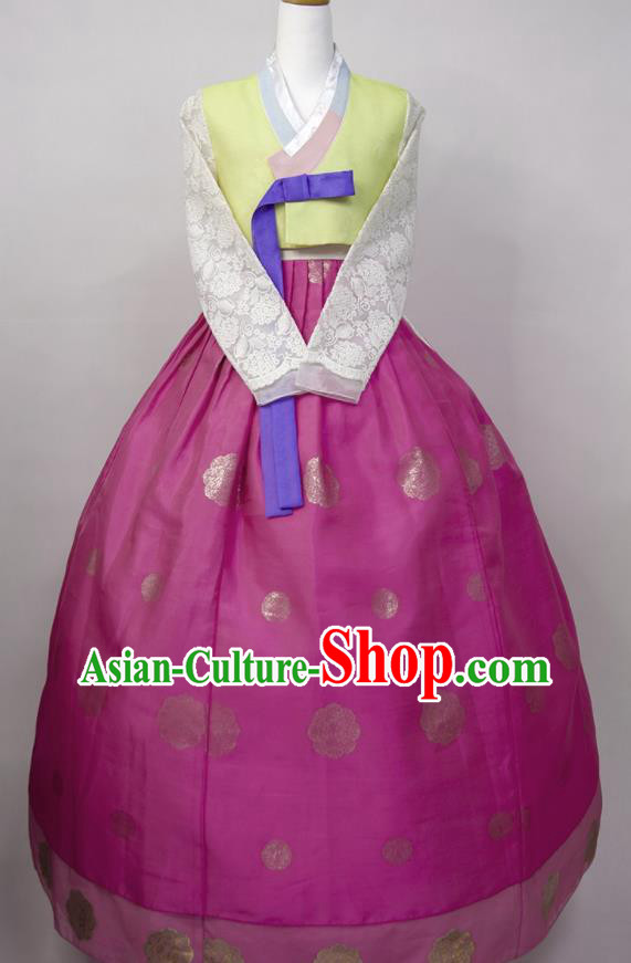 Korean Bride Fashion Costumes Korea Young Lady Classical Hanbok Yellow Blouse and Purple Dress Traditional Wedding Clothing