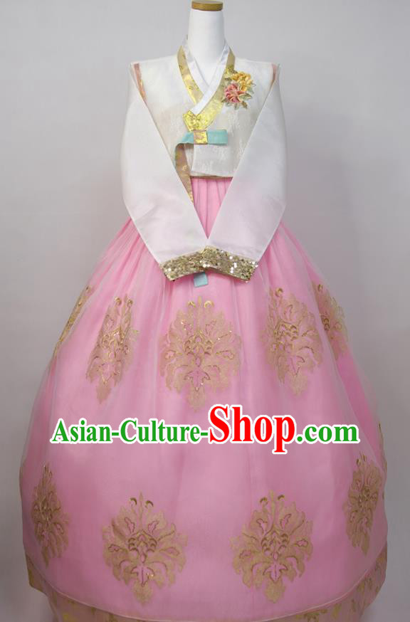 Korean Classical Hanbok White Blouse and Pink Dress Korea Young Lady Traditional Clothing Wedding Bride Fashion Costumes