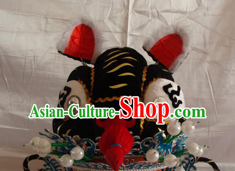 China Opera Performance Warrior Headwear Traditional Peking Opera Takefu Black Tiger Helmet Beijing Opera Wusheng Hat