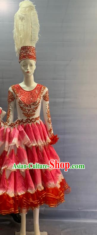 Chinese Xinjiang Ethnic Woman Garment Costume Kazak Nationality Folk Dance Dress Kazakh Minority Flowers Dance Clothing