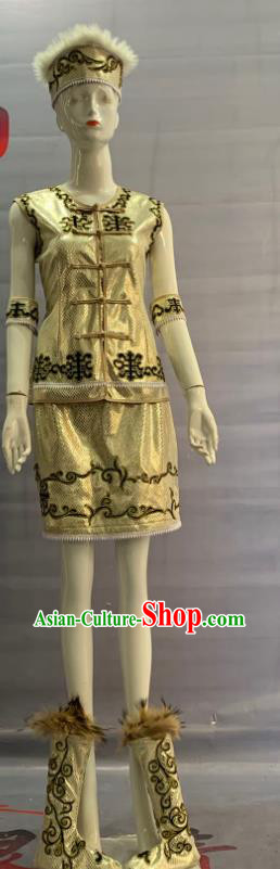 Chinese Hezhe Nationality Dance Clothing Nanai Minority Folk Dance Golden Uniforms Hezhen Ethnic Woman Garment Costume