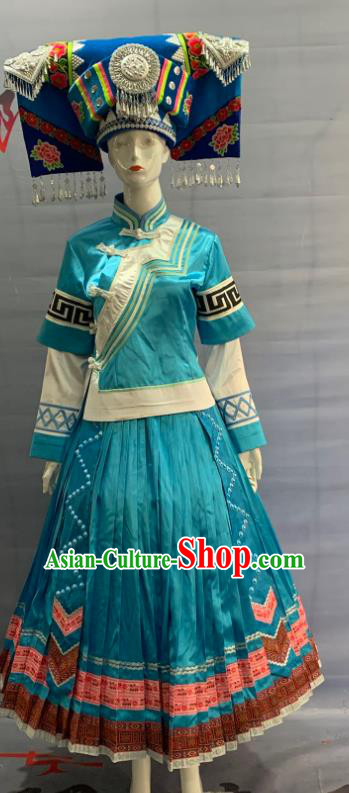 Chinese Minority Folk Dance Blue Dress Uniforms Guangxi Ethnic Bride Garment Costume Zhuang Nationality Wedding Clothing
