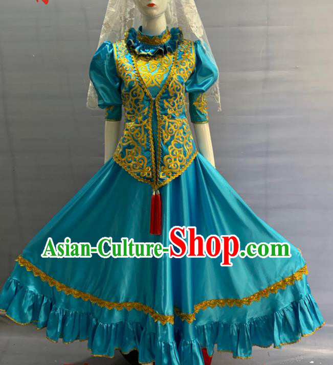 Chinese Tatar Nationality Wedding Clothing Minority Folk Dance Blue Dress Uniforms Xinjiang Ethnic Bride Garment Costume