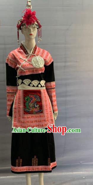 Chinese Guangdong Ethnic Female Garment Costume Traditional She Nationality Clothing Minority Festival Folk Dance Dress Uniforms and Silver Headpieces