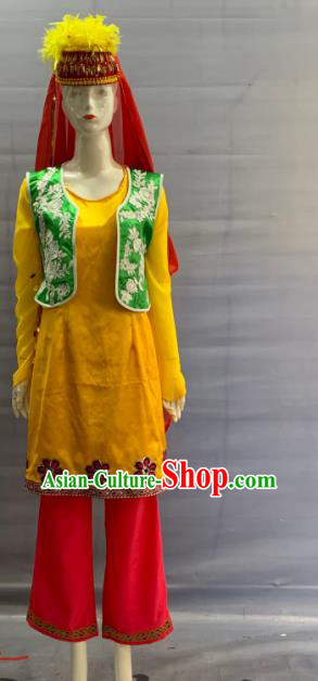 Chinese Qinghai Ethnic Female Garment Costume Traditional Salar Nationality Bride Clothing Minority Festival Folk Dance Yellow Dress Uniforms and Hat