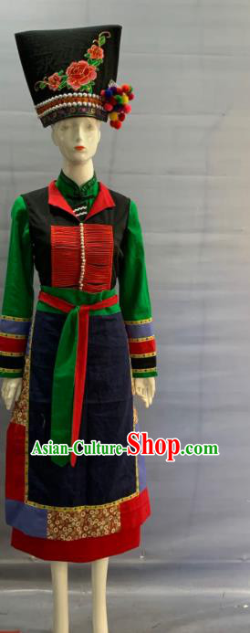 Chinese Yunnan Ethnic Female Garment Costume Traditional Blang Nationality Festival Clothing Pulang Minority Folk Dance Uniforms and Black Hat