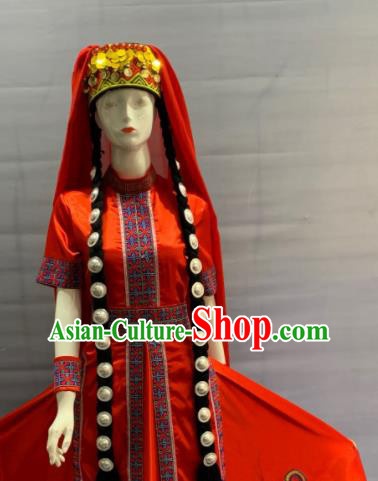 Chinese Traditional Kirgiz Nationality Wedding Clothing Khalkha Minority Folk Dance Red Dress Uniforms Xinjiang Ethnic Female Garment Costume and Headdress
