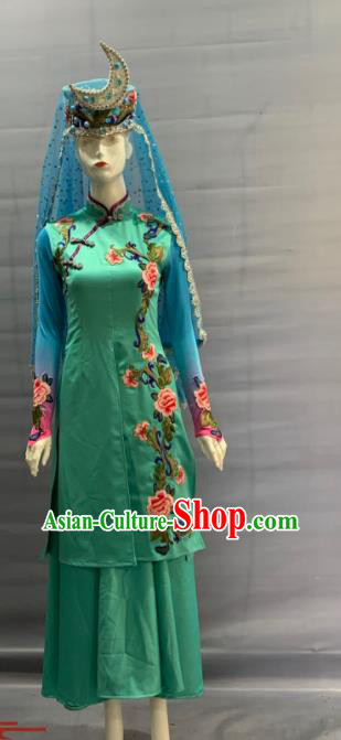 Chinese Traditional Hui Nationality Wedding Clothing Uyghur Minority Folk Dance Green Dress Uniforms Xinjiang Ethnic Bride Garment Costume and Hat