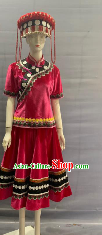 Chinese Yunnan Ethnic Woman Garment Costume Lisu Nationality Dance Clothing Nu Minority Folk Dance Rosy Velvet Dress Uniforms
