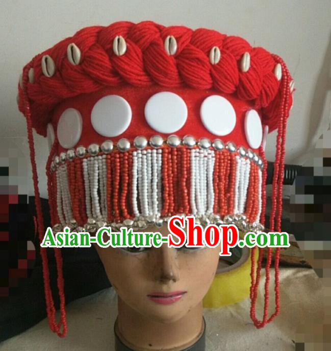 Handmade Chinese Lisu Nationality Folk Dance Headdress Yunnan Ethnic Woman Silver Bells Tassel Hat