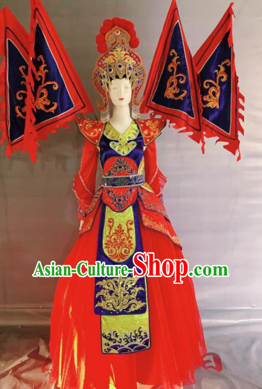 China Beijing Opera Female General Garment Costumes Traditional Peking Opera Blues Red Dress Clothing and Headdress